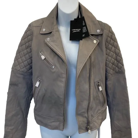 NWT Lamarque Quilted Leather Jacket Marilla Size XS Gravel Grey $675 - Picture 13 of 16